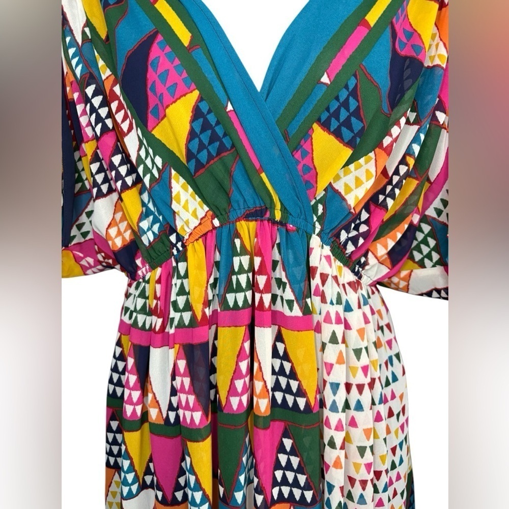 Maeve Anthropologie Semi Sheer Geometric Dress sz 4 V-Neck Cinch Shoulders Blue - Picture 5 of 11